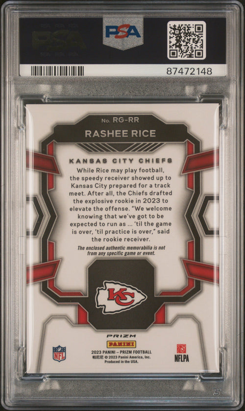 Graded 2023 Panini Prizm Rashee Rice #RGRR Rookie Gear Neon Green Pulsar Rookie RC Football Card PSA 10 Gem Mint