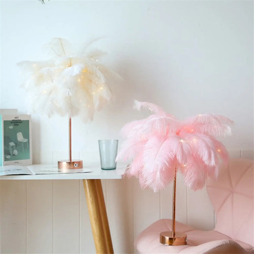 Table Feather Lamp Table with USB, Battery Powered and Remote Control