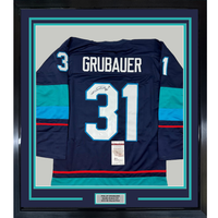 Framed Autographed/Signed Philipp Grubauer 35x39 Seattle Blue Hockey Jersey JSA COA