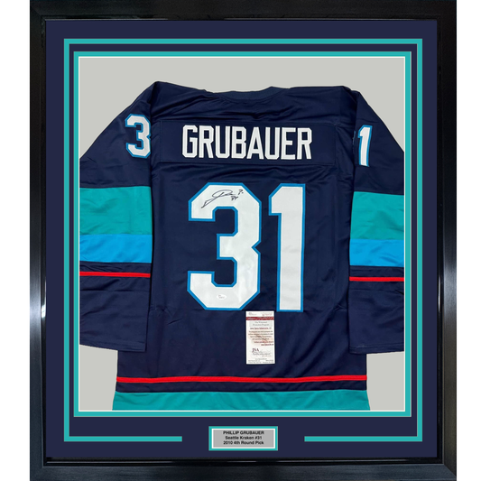 Framed Autographed/Signed Philipp Grubauer 35x39 Seattle Blue Hockey Jersey JSA COA
