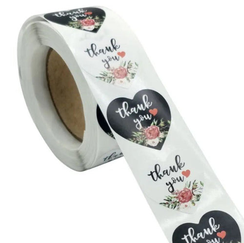 Thank You Stickers 1.5 inch 500 Count Per Roll Black Rose Flowers Heart Shaped Shipping Supplies