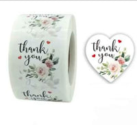 Thank You Stickers 1.5 inch 500 Count Per Roll White Rose Flowers Heart Shaped Shipping Supplies
