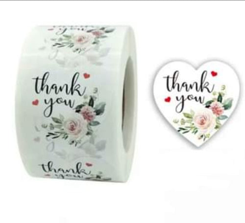 Thank You Stickers 1.5 inch 500 Count Per Roll White Rose Flowers Heart Shaped Shipping Supplies