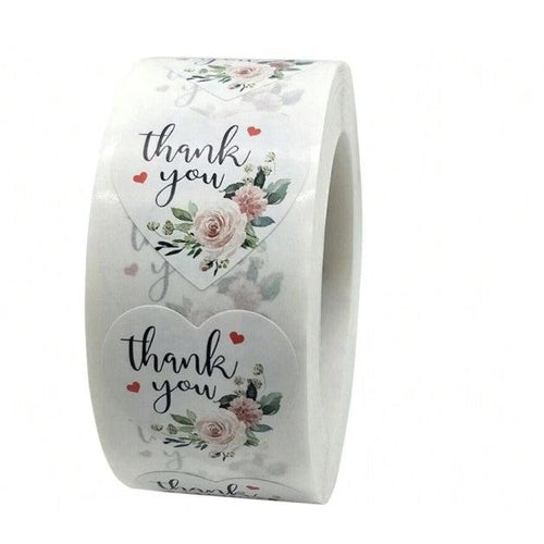 Thank You Stickers 1.5 inch 500 Count Per Roll White Rose Flowers Heart Shaped Shipping Supplies