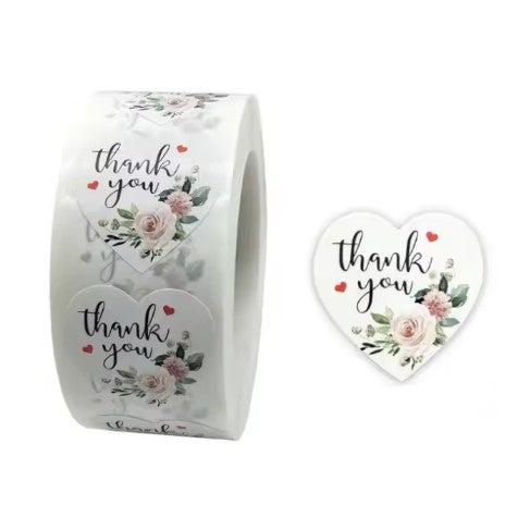 Thank You Stickers 1.5 inch 500 Count Per Roll White Rose Flowers Heart Shaped Shipping Supplies