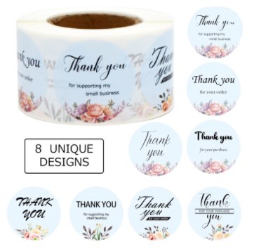 Thank You Stickers Light Blue Floral Round Flowers 1.5 inch 500 Count Per Roll Shipping Supplies