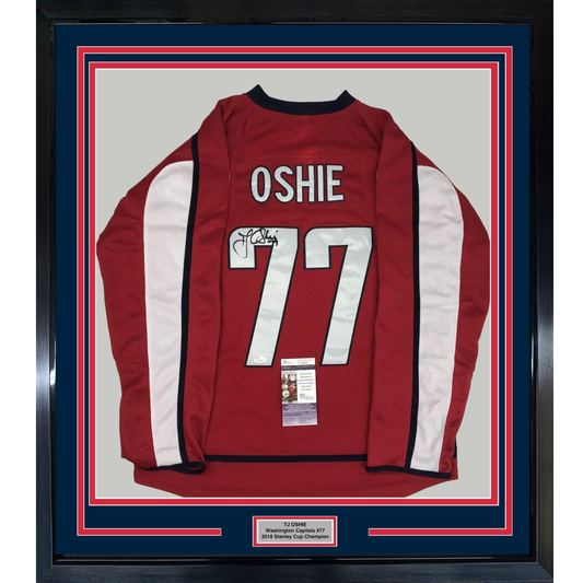 Framed Autographed/Signed TJ T.J. Oshie 35x39 Washington Red Hockey Jersey JSA COA