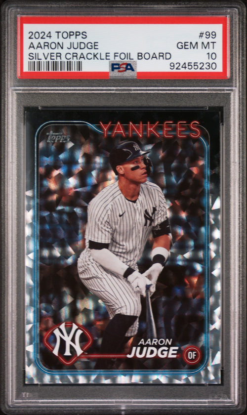 Graded 2024 Topps Aaron Judge #99 Silver Crackle Foil Board Baseball Card PSA 10 Gem Mint