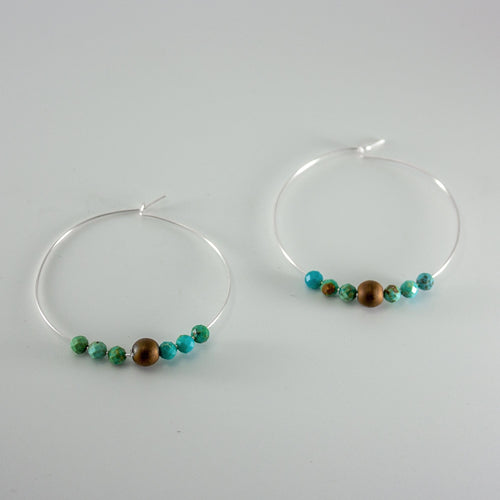 Turquoise Hematite Sterling Silver Boho Hoop Earrings