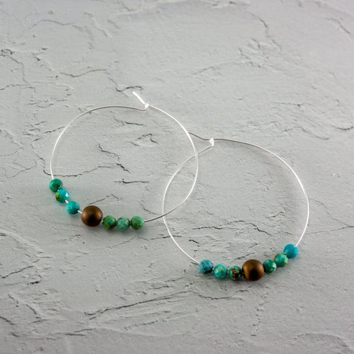 Turquoise Hematite Sterling Silver Boho Hoop Earrings