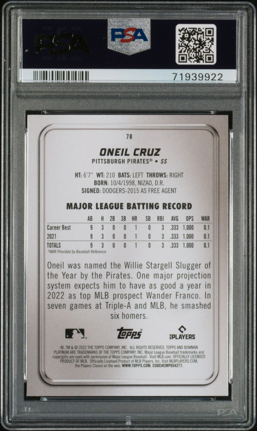 Graded 2022 Topps Bowman Platinum Oneil Cruz #78 Icy Foilboard Rookie RC Baseball Card PSA 10 Gem Mint