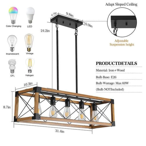 Vintage Wood Pendant Light – 5 Light Hanging Fixture
