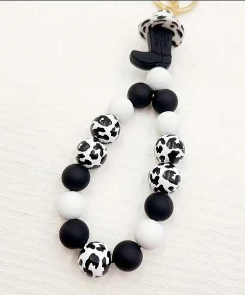 Western Cow Print Silicone Beaded Wristlet Keychain Bracelet