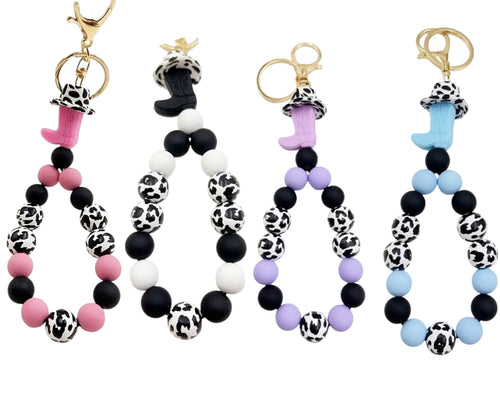 Western Cow Print Silicone Beaded Wristlet Keychain Bracelet