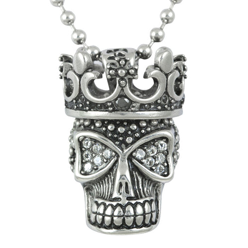 White Fire Skull Pendant Necklace Crown Crystal Gothic