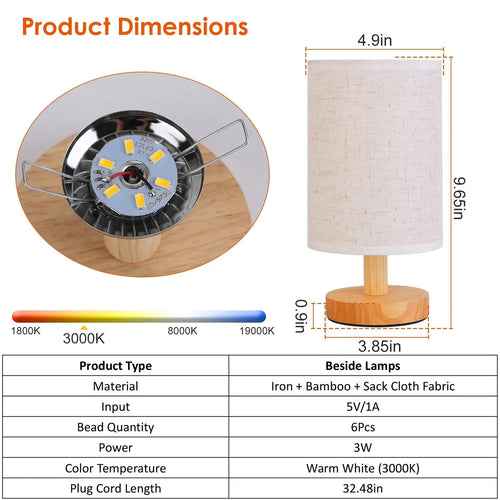 Wood & White Desk Lamp with Bamboo Base and Warm 3000K Lighting