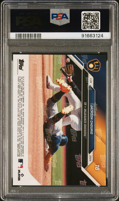 Graded 2024 Topps Now Jackson Chourio #16 Collects 1st Hit, RBI and SB in MLB Debut Rookie RC Baseball Card PSA 10 Gem Mint